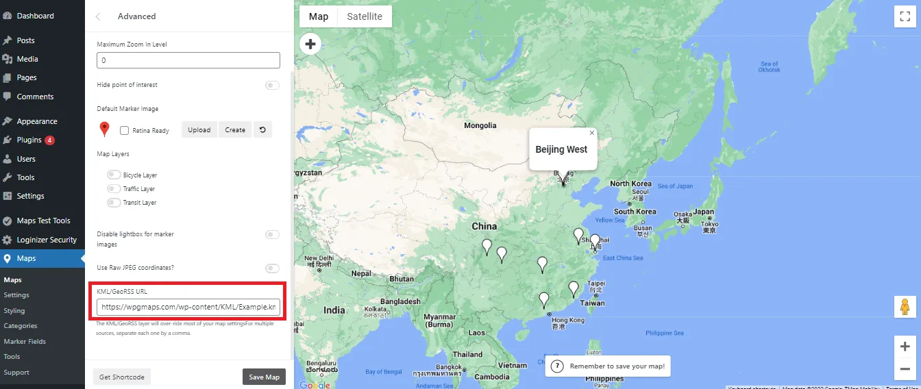 Enter full URL to the KML file in the text box