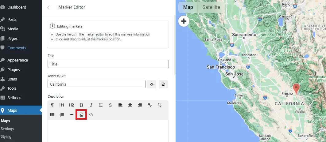 Select the upload media button in the marker editor