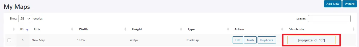 Shortcode on the Maps Page