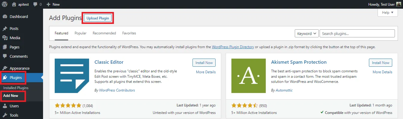 Select "Upload Plugin"