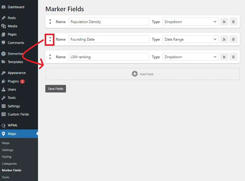 Drag the field handle to reorder field list Drag the field handle to reorder field list