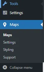 WP Go Maps on the WordPress Sidebar menu
