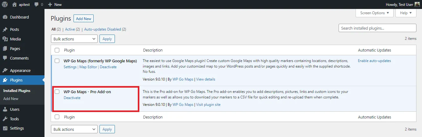 Pro Add-on listed on the installed plugins page