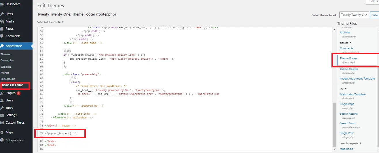 checking for  wp_footer();