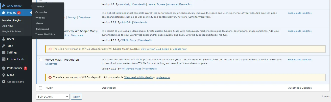 Checking for updates on the plugins page