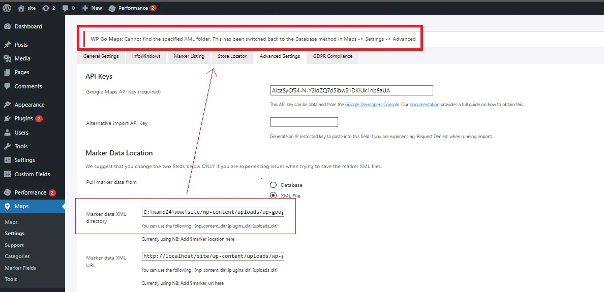 missing XML directory error message missing XML directory error message
