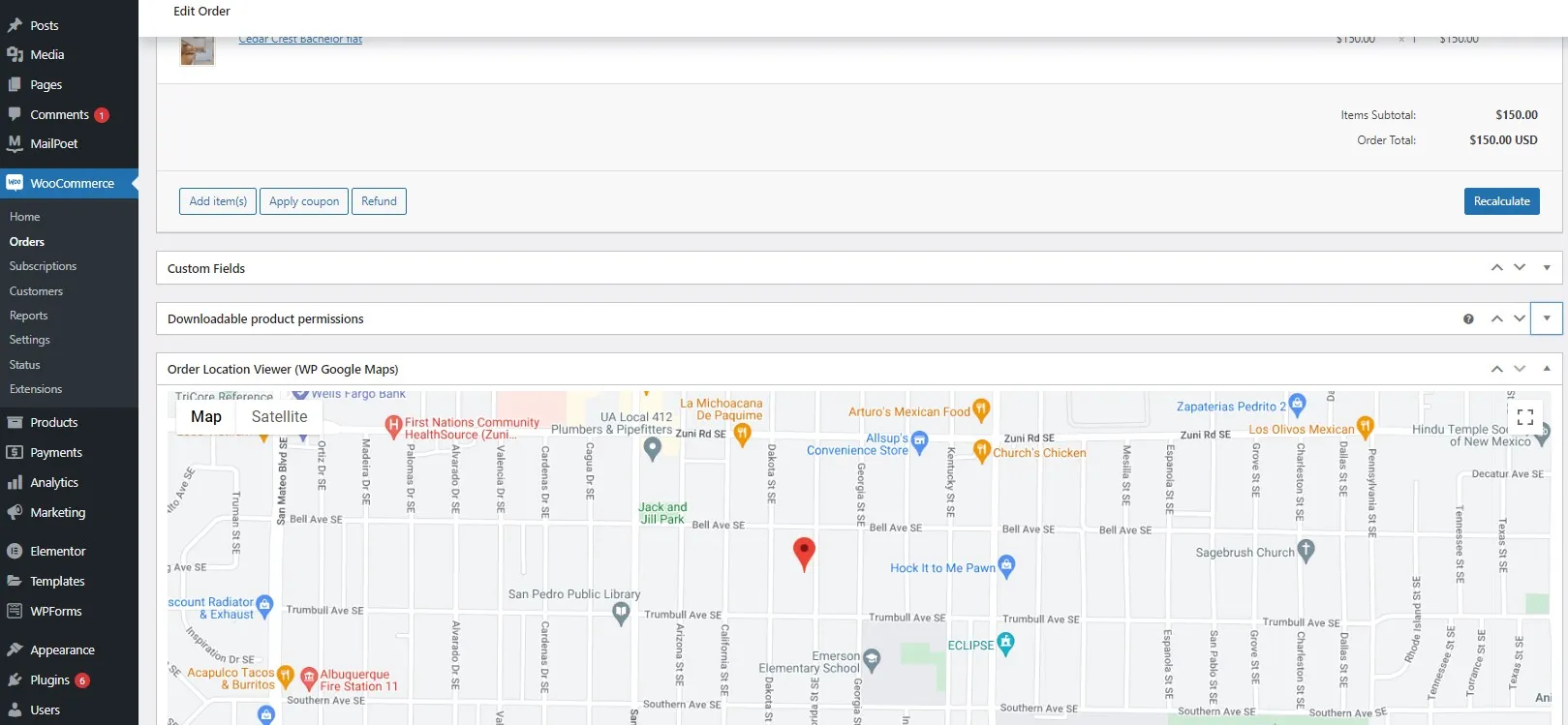 Location displayed on order