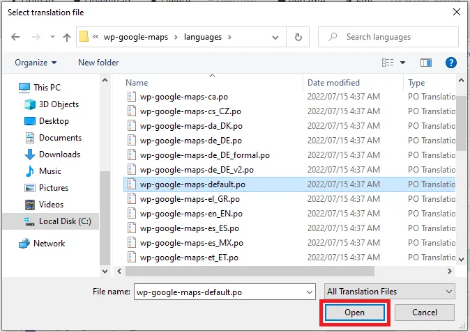 Open wp-google-maps-default.po in POEdit