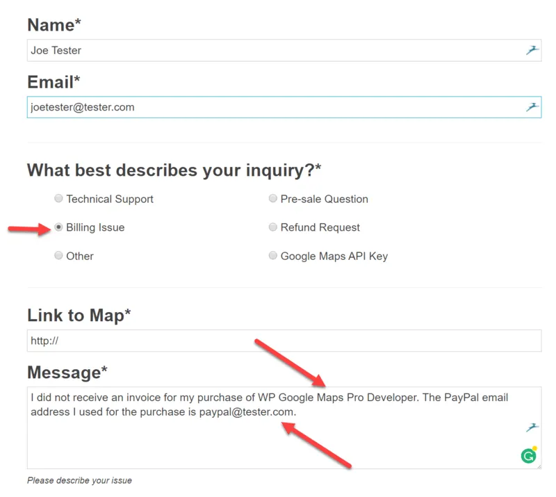 Filling in the Support form