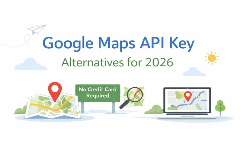 Clean digital illustration highlighting Google Maps API alternatives for 2026, featuring map icons, 'No Credit Card Required' sign